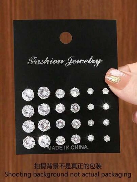 24pcs/Set Fashionable Minimalist Sparkling Cubic Zirconia Stud Earrings For Party, Date And Daily Wear