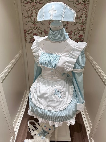 [£62.33]Yami Kawaii Light Blue Stripes Maid Apron Dress Faux Two-Piece with Detachable Sleeves and Nurse Hat