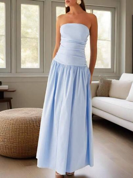 Women Tube Long Dress Ruched Boat Neck Backless Sleeveless Strapless Flowy Dresses