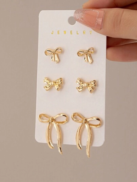 3 Pairs Golden Color Bow Stud Earrings Set Bowknot Earrings Set Women Fashion Jewelry Bow Accessories