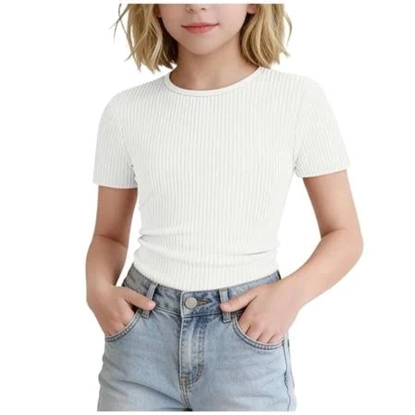 Infant Gililing Girls Short Sleeve Ribbed Knit Side Ruched Crew Neck Slim Fit Tee for Summer Daily Wear