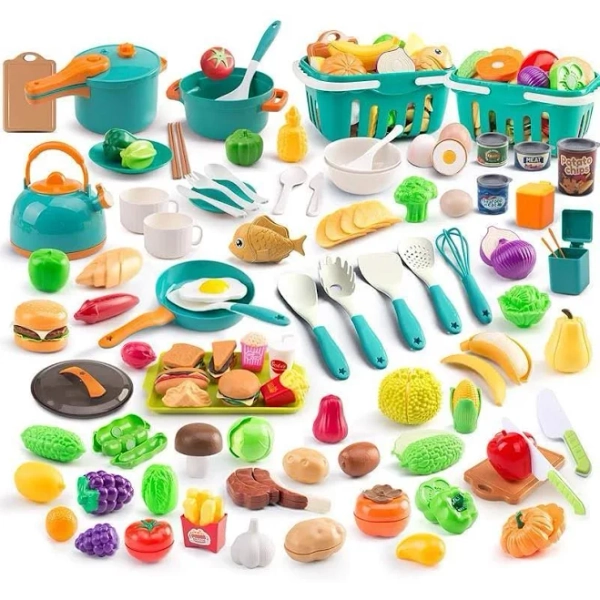 118Pcs Mini Play Kitchen Accessories for Kids, Pretend Cooking Playset with Cookware, Tableware & 2 Fruit Sets, Learning Gift for Girls, Boys,