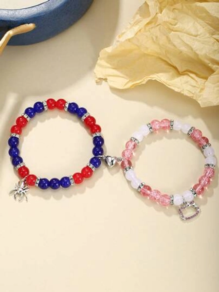 2pcs Beaded Glass Heart Magnetic Clasp Bracelet, Elastic Friendship Cat & Spider Bracelets, Creative Cute Versatile