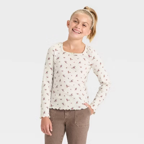 Girls' Long Sleeve Rib-Knit Floral T-Shirt - Cat & Jack™ Cream M