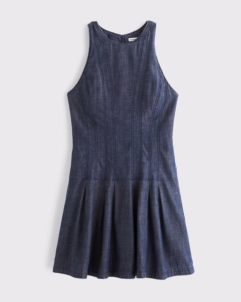 High Neck Chambray Mini Dress