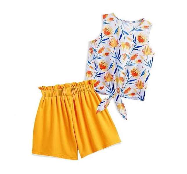 Arshiner Girls Summer Clothes Piece Sets Sleeveless Shirts And Shorts Set Kids Clothing Pockets, Girl's, Size: 8-9, Blue Colorful Leaf