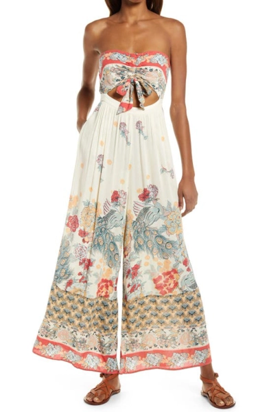 Bali Birds Of Paradise Strapless Jumpsuit In Ivory Combo