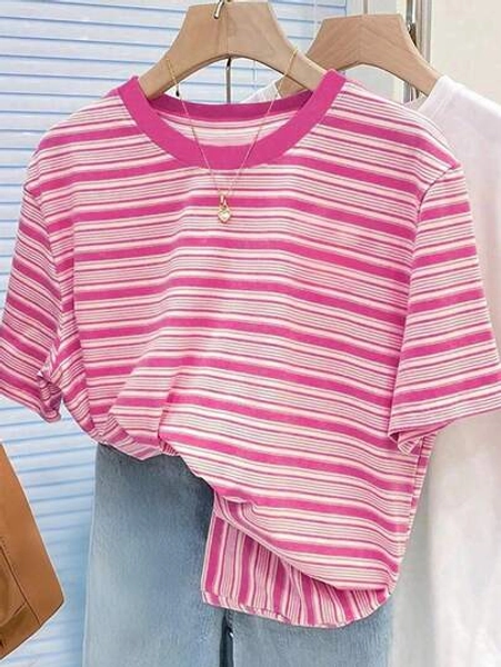 INAWLY Vintage Colorful Striped Short Sleeve T-Shirt For Women, Casual Round Neck Top For Summer