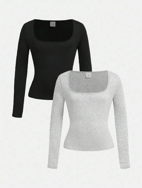 SHEIN Girlism 2pcs/Set Tween Girls' Crew Neck Fitted Basic Casual Long Sleeve T-Shirts
