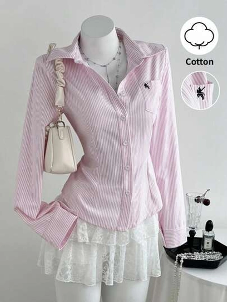 Elamini Women's Pink Striped Cotton Blend Shirt With Chest Pocket, Horse Embroidery, Button Front, Long Sleeve, Waist Cinched, Elegant & Versatile For Work, School, Dates, Everyday Wear, Autumn/Winter