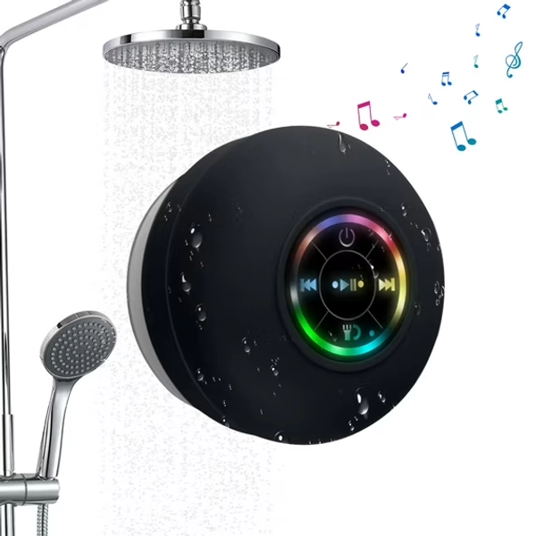 Mini Bluetooth Shower Speaker with LED light, Portable Waterproof Hands-Free Speakerphone, Rechargeable Wireless Stereo Speakers for Beach, Shower & Home (Black)