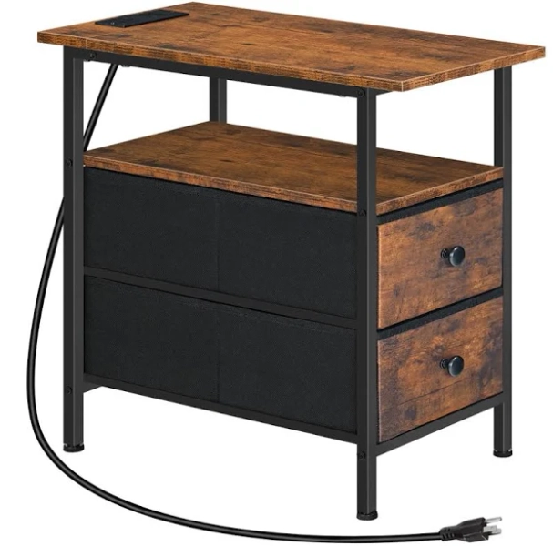 17 Stories End Table with 2 Non-Woven Drawers and Charging Station