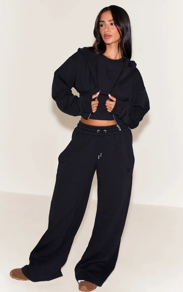 Petite Black Embroidered Interlock Rib Panel Wide Leg Joggers