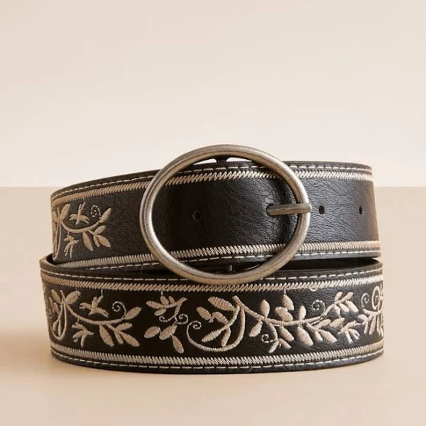 BKE Women's Floral Embroidered Polyurethane Belt with Buckle