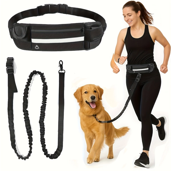 Una correa para perro manos libres con un riñonera con cremallera, que cuenta con un mango grueso de doble capa y una cuerda elástica duradera, adecuada para pasear, correr y entrenar con mascotas