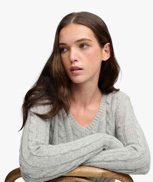 Wool Blend Cable V Neck Jumper