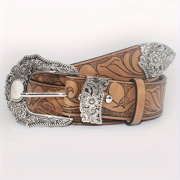 A Vintage Floral Embossed Solid Color PU Belt With A Western Carving Buckle, A Classic Accessory For Women And Men To Wear With Jeans For Daily Or Party Occasions.
