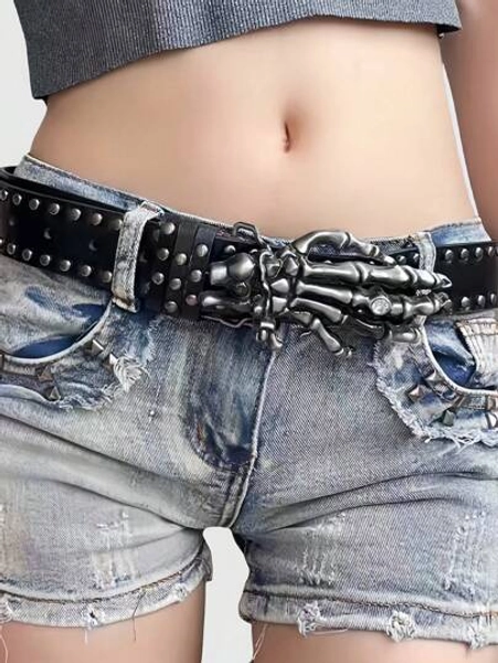 ROMWE Goth Punk Rivets Skull Belt, Street Fashion Unique Style, Unisex Waistband