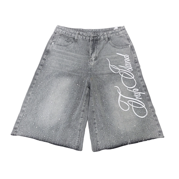 High-street Denim Shorts, 5/8 Length, Straight Leg, Drawstring Elastic Waistband, Star Pattern Design on the Body, Floral Letter Print on the Side, Unisex Straight Leg Wide-leg Distressed Loose Casual Versatile Cropped Pants.