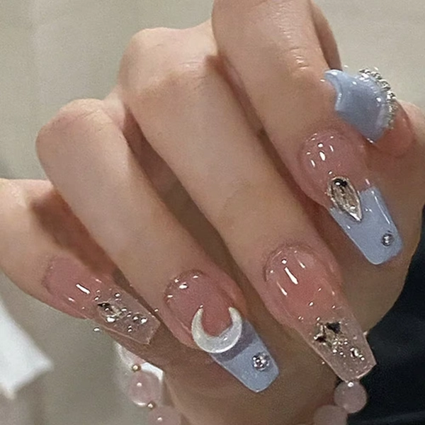 24Pcs Celestial Moon Star Long Square Pink Blue Gradient Glitter Press On Nails DIY Manicure - AliExpress 