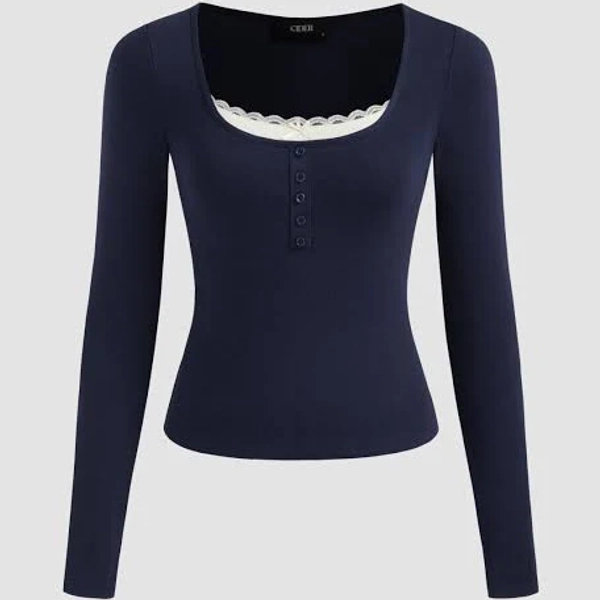 CIDER Women's Two-Tone Square Neck Lace Trim Long Sleeve Tee