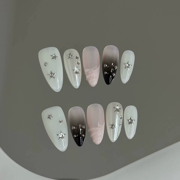 10pcs Handmade Korean Press on Nails Sweet Cool Star Pink White Fake Nail Tips Wearable Summer Night Sky Almond False Nails