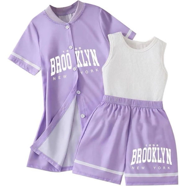 Girls 3 Piece Graphic Tank and Short Sleeve Cardigan Set