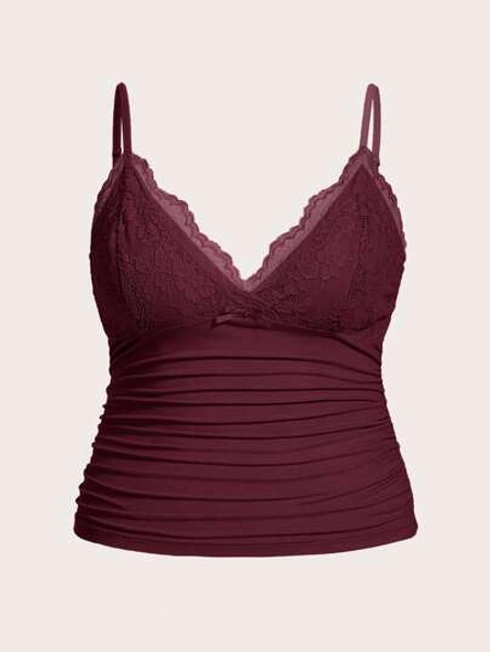 SHEIN ICON Plus Size Women's Summer Solid Color Contrast Lace Pleated Slim Fit Camisole Top