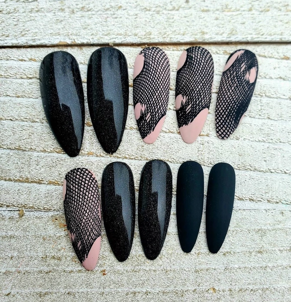 Ripped Black Fishnet Press On Nails • Holographic Valentine's Day Faux Nails