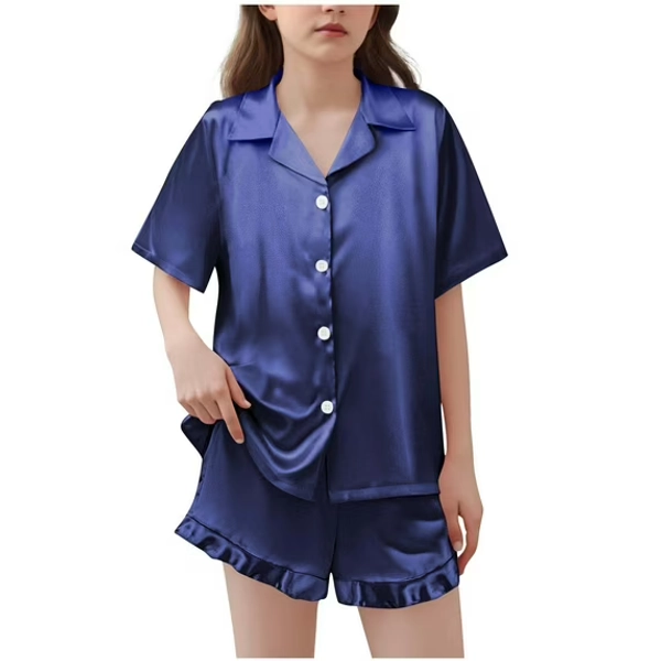 BLVB Girls Pajamas Satin Pajama Set Silk Pjs Short Sleeve Button down Shirts Summer Ruffle Sleepwear for Big Kids 5-15Y