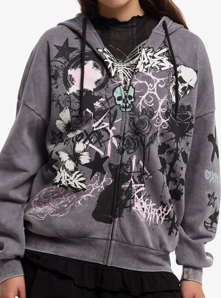 Social Collision Cat Skull Doodle Girls Hoodie