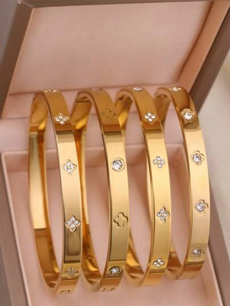 4pcs/1pc Elegant Zirconia Inlaid Stainless Steel Women Bracelet, Gold Color, Suitable For Daily Wear, Great Gift For Friends
