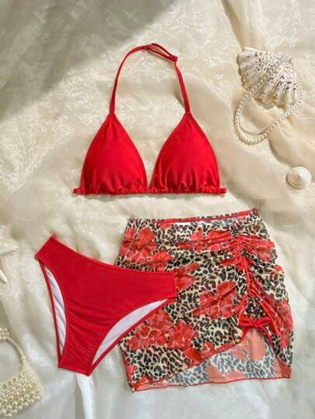 SHEIN 3pcs Teen Girl Leopard & Floral Print Cover-Up, Mini Skirt And Bikini Set Set Red Swimsuit Set 3 Piece Swimsuit Teen Swimsuits Girls Swimsuits High Waisted Bikini