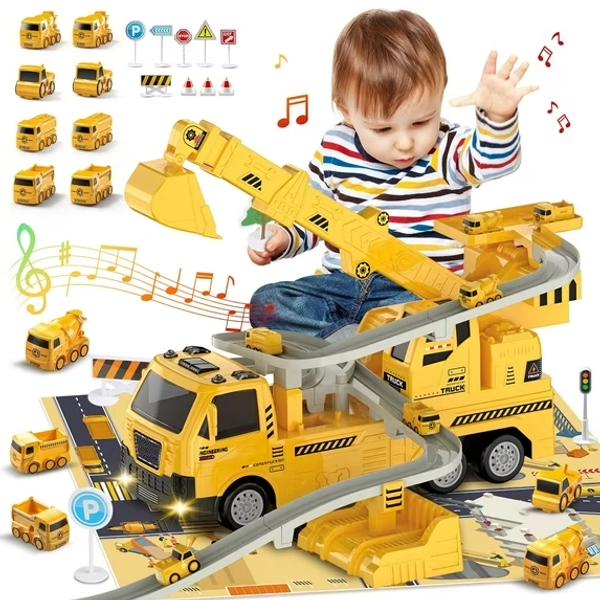UQN Construction Truck Toys for Boys 3-6 Years, Kids Excavator Crane Truck Toy W/Track, Sound & Light, Christmas & Birthday Gifts for 3 4 5 6 7 8 Years Old Boys Kids Toddlers