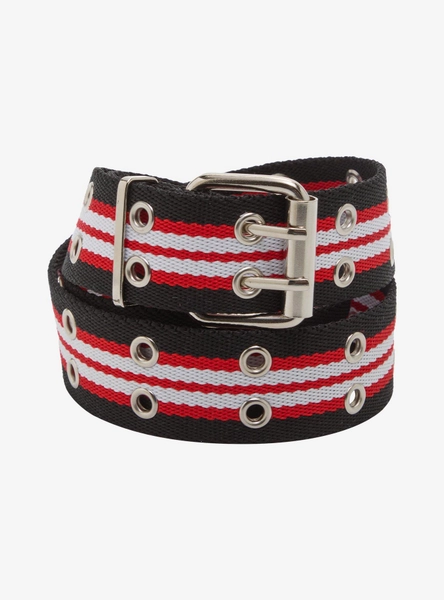 Black Red & White Stripe Grommet Canvas Belt