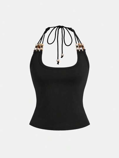 Grunge Punk Vacation Retro Beaded Design Basic Minimalist Halter Neck Bodysuit