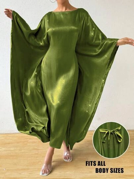 Rafferiza Women Round Neck Batwing Sleeve Solid Color Loose Casual Holiday Matching Dress Maxi Women Outfit Elegant Dress Women - Size one-size