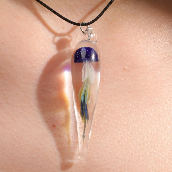 Handmade Glass Jellyfish Necklace - Hand Blown Blue Sea Life Pendant, Unique Ocean Jewelry