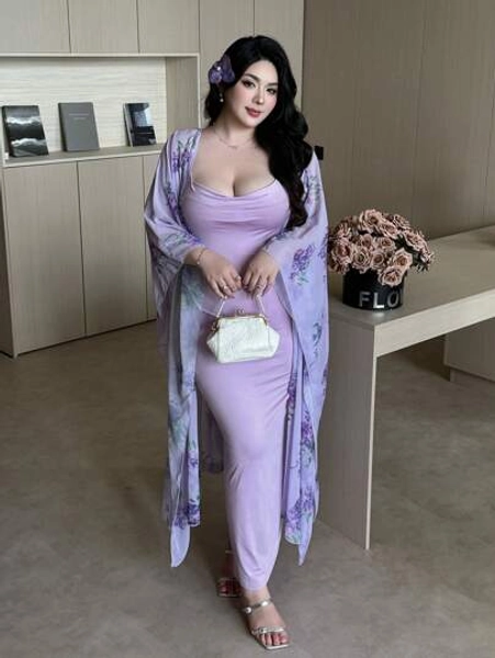 Flirla Plus Size Women Elegant Tight Spaghetti Strap Dress + Loose Cardigan Suit, Purple