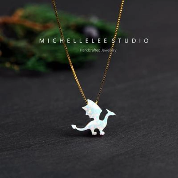 Opal Dragon Necklace, Fire Gothic Winged Necklace With Sterling Silver Chain