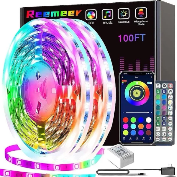 Reemeer Led Lights for Bedroom 100ft(2 Rolls of 50ft) Smart Music Sync Color Changing LED Strip Lights with App and Remote Control RGB LED Strip, LED