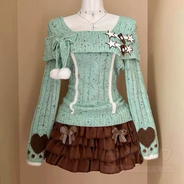 Vintage Off Shoulder Bow Knit Sweater Ruffled Skirt Two Pieces Set