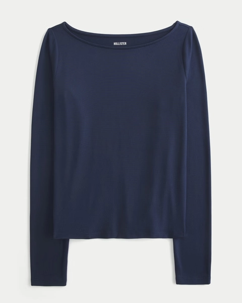 Long-Sleeve Seamless Fabric Slash-Neck Top