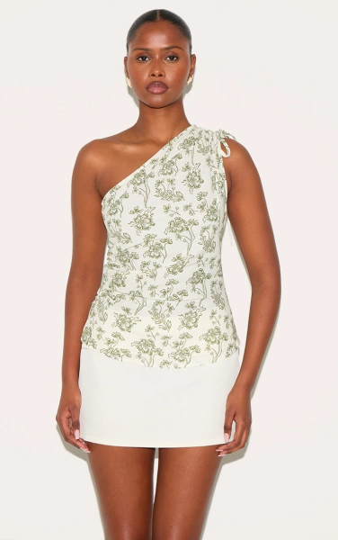  Green Lightweight Woven Printed Ruched Asymmetric Long Top