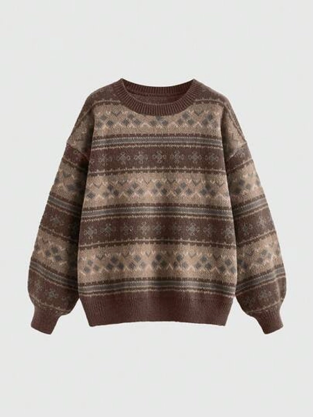 ROMWE Fairycore Plus Size Casual Vintage Loose Fit Crew Neck Plus Size Sweater, Autumn/Winter