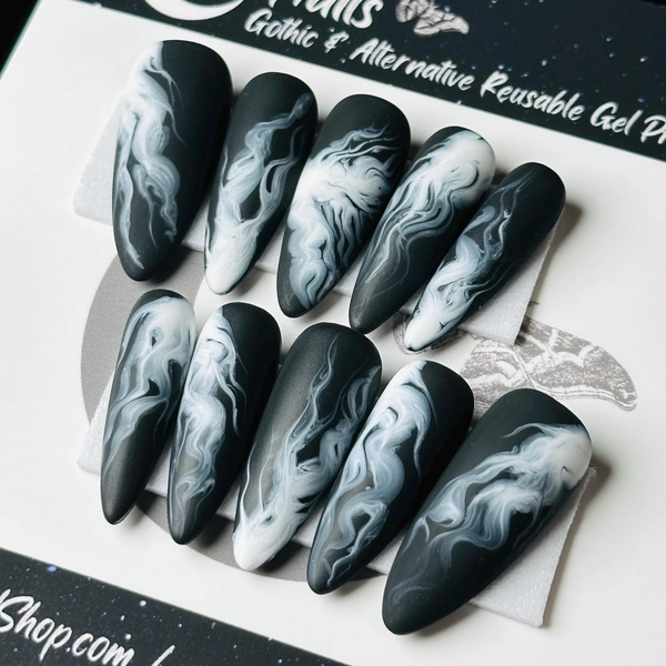 Smoke Press On Nails, Gothic Black and White Reusable False Nails, Witchy Press Ons
