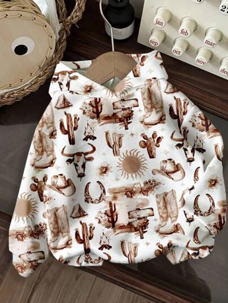 Attitoon Vintage Western Cowboy Pattern, Back To School Print Hoodie Sweatshirt, Suitable For Autumn/Winter