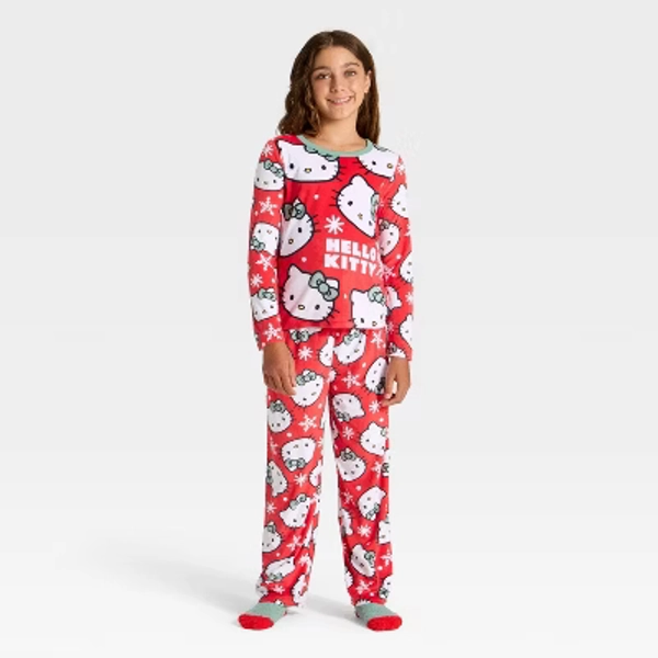 Girls' 2pc Hello Kitty Holiday Cozy Pajama Set with Socks - Red S