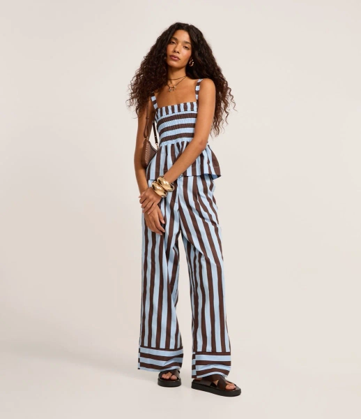 Calça Cintura Alta em Tricoline com Listras Verticais Azul/Marrom