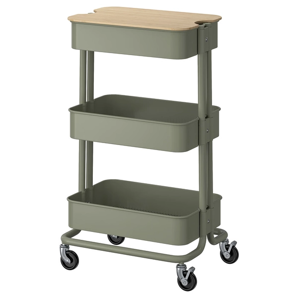 RÅSKOG / NORRÅVA Trolley with lid - grey-green 35x45x77 cm